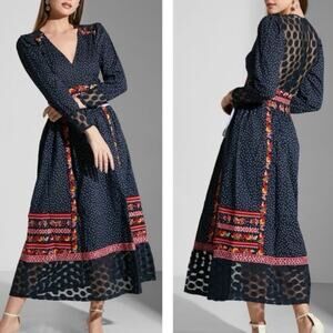 Frock & Frill Embroidered Katerina Midi Dress in Navy Polka Dot - Size US 4